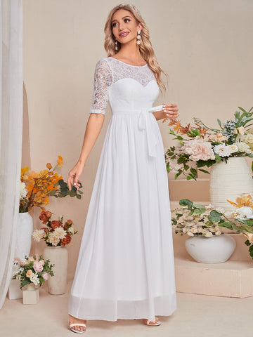 Contrast Lace Belted Chiffon Wedding Dress