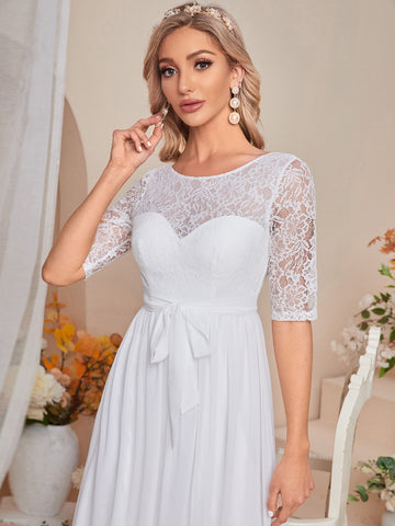 Contrast Lace Belted Chiffon Wedding Dress