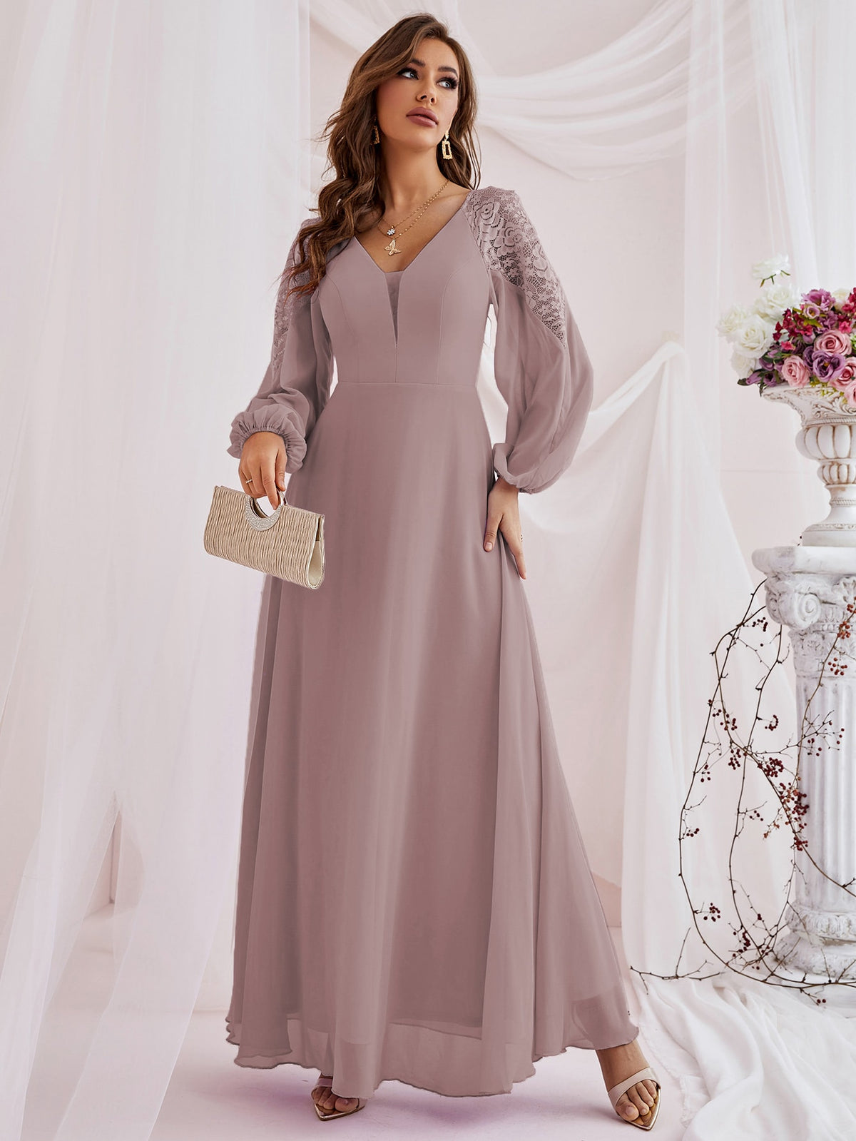Contrast Lace Bishop Sleeve Bridesmaid Dress