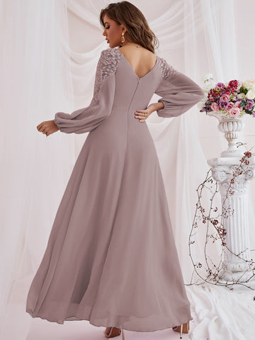 Contrast Lace Bishop Sleeve Bridesmaid Dress