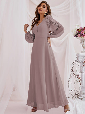 Contrast Lace Bishop Sleeve Bridesmaid Dress