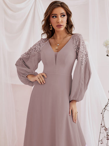 Contrast Lace Bishop Sleeve Bridesmaid Dress