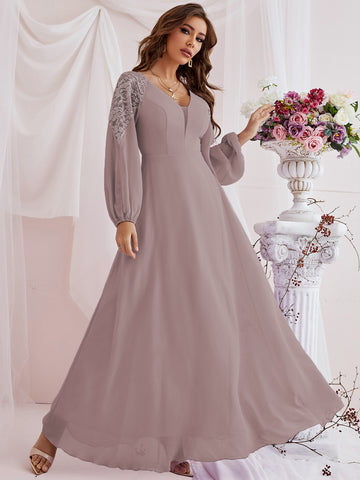 Contrast Lace Bishop Sleeve Bridesmaid Dress