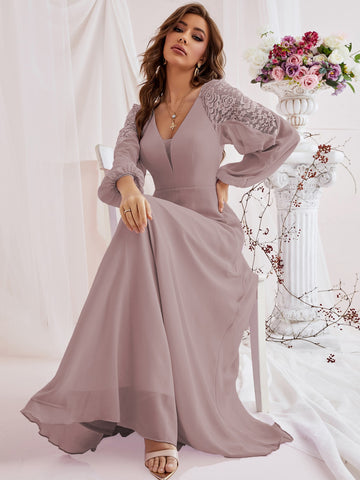 Contrast Lace Bishop Sleeve Bridesmaid Dress