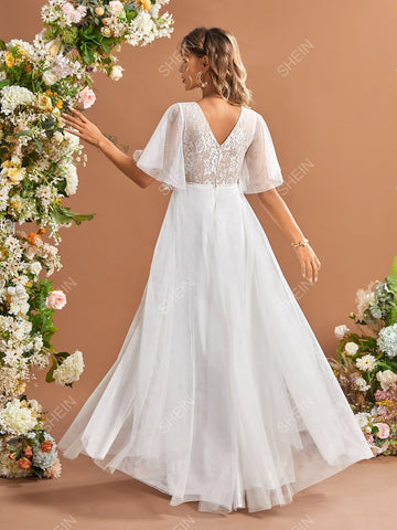 Contrast Lace Butterfly Sleeve Mesh Wedding Dress Without Veil