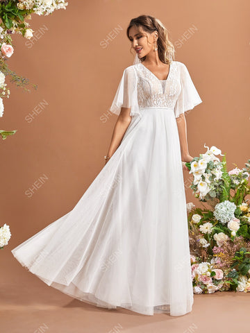 Contrast Lace Butterfly Sleeve Mesh Wedding Dress Without Veil