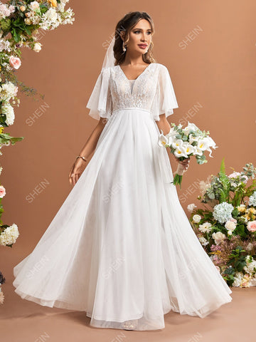 Contrast Lace Butterfly Sleeve Mesh Wedding Dress Without Veil