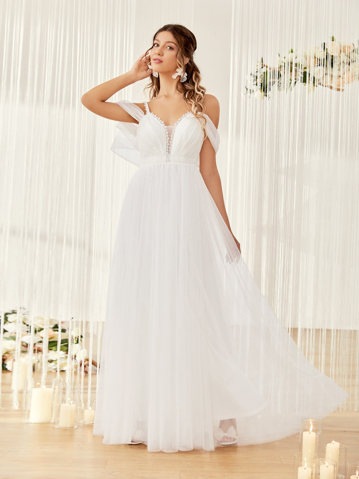 Contrast Lace Cold Shoulder Lace Up Back Mesh Wedding Dress