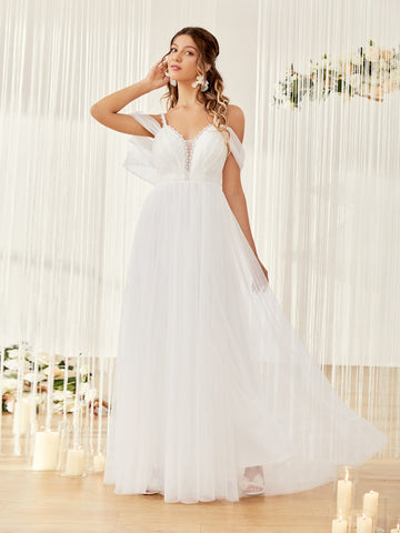 Contrast Lace Cold Shoulder Lace Up Back Mesh Wedding Dress