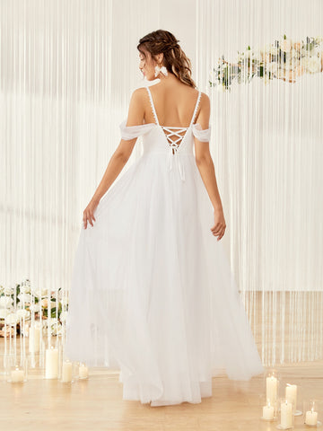 Contrast Lace Cold Shoulder Lace Up Back Mesh Wedding Dress