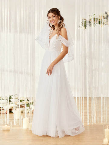 Contrast Lace Cold Shoulder Lace Up Back Mesh Wedding Dress