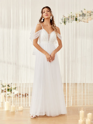 Contrast Lace Cold Shoulder Lace Up Back Mesh Wedding Dress