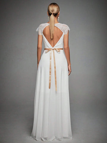 Contrast Lace Cut Out Back Maxi Chiffon Wedding Dress