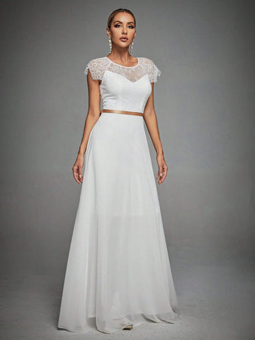 Contrast Lace Cut Out Back Maxi Chiffon Wedding Dress