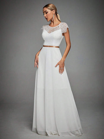 Contrast Lace Cut Out Back Maxi Chiffon Wedding Dress