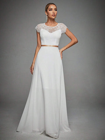 Contrast Lace Cut Out Back Maxi Chiffon Wedding Dress