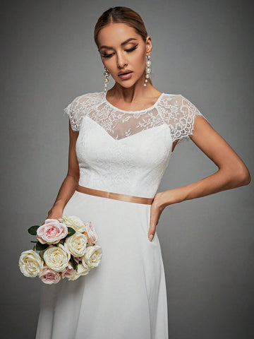 Contrast Lace Cut Out Back Maxi Chiffon Wedding Dress