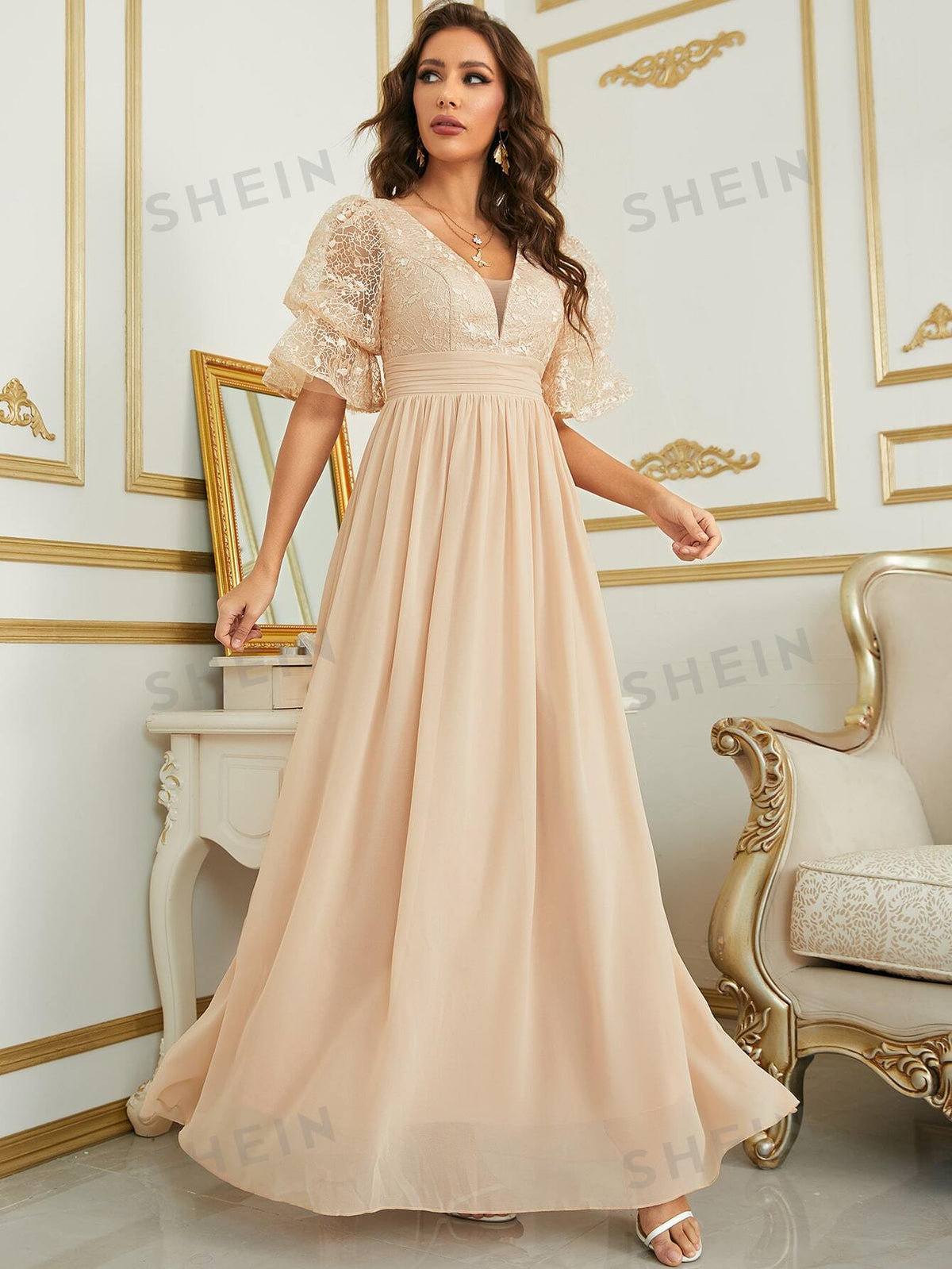 Contrast Lace Flounce Sleeve Chiffon Bridesmaid Dress