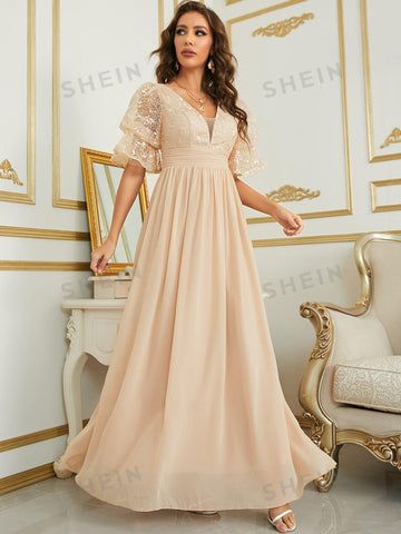 Contrast Lace Flounce Sleeve Chiffon Bridesmaid Dress