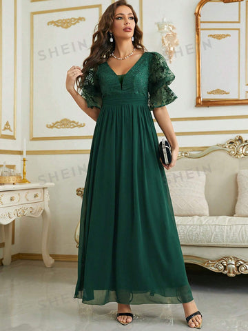 Contrast Lace Flounce Sleeve Chiffon Bridesmaid Dress