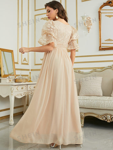 Contrast Lace Flounce Sleeve Chiffon Bridesmaid Dress