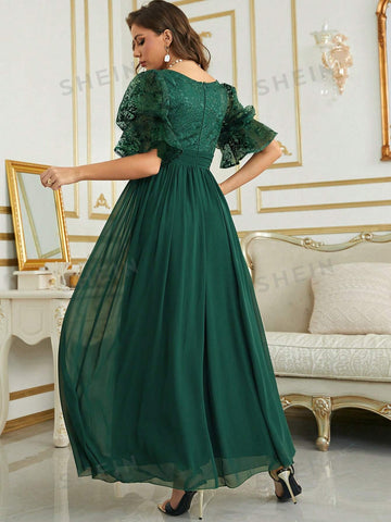 Contrast Lace Flounce Sleeve Chiffon Bridesmaid Dress