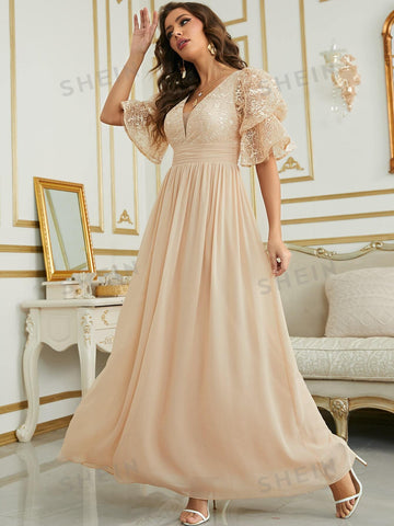 Contrast Lace Flounce Sleeve Chiffon Bridesmaid Dress