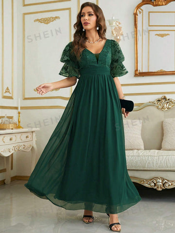 Contrast Lace Flounce Sleeve Chiffon Bridesmaid Dress