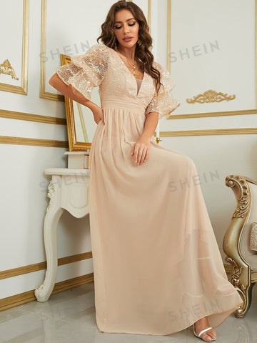 Contrast Lace Flounce Sleeve Chiffon Bridesmaid Dress
