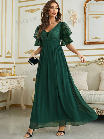 Contrast Lace Flounce Sleeve Chiffon Bridesmaid Dress