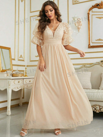 Contrast Lace Flounce Sleeve Chiffon Bridesmaid Dress