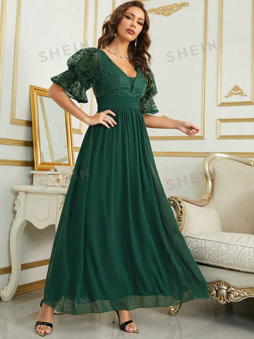 Contrast Lace Flounce Sleeve Chiffon Bridesmaid Dress