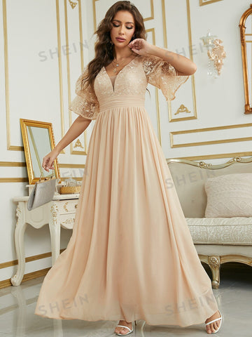 Contrast Lace Flounce Sleeve Chiffon Bridesmaid Dress