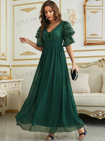 Contrast Lace Flounce Sleeve Chiffon Bridesmaid Dress