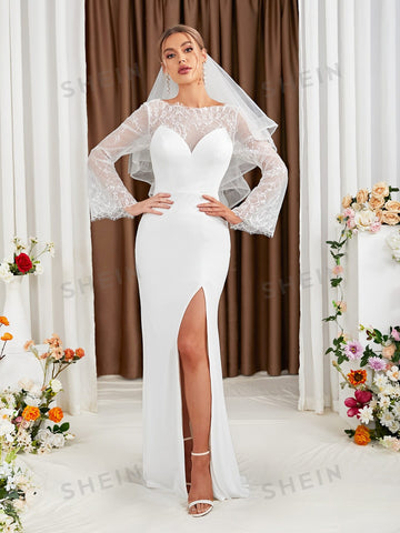 Contrast Lace Flounce Sleeve Split Thigh Wedding Dress Without Veil