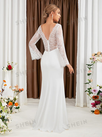 Contrast Lace Flounce Sleeve Split Thigh Wedding Dress Without Veil