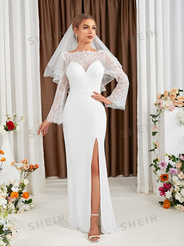 Contrast Lace Flounce Sleeve Split Thigh Wedding Dress Without Veil