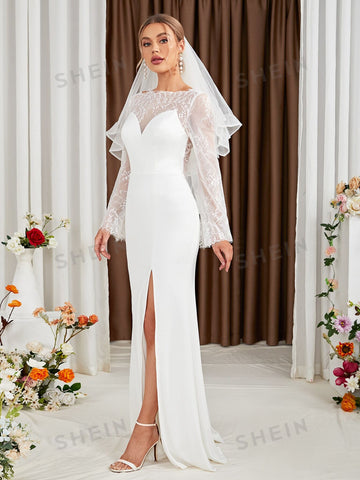 Contrast Lace Flounce Sleeve Split Thigh Wedding Dress Without Veil