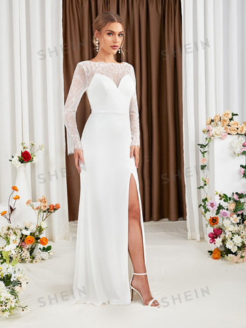 Contrast Lace Flounce Sleeve Split Thigh Wedding Dress Without Veil