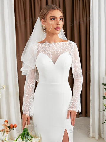 Contrast Lace Flounce Sleeve Split Thigh Wedding Dress Without Veil