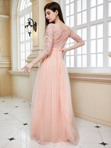 Contrast Lace Mesh Hem Formal Dress