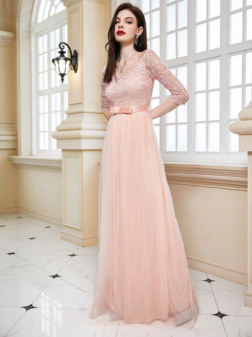 Contrast Lace Mesh Hem Formal Dress