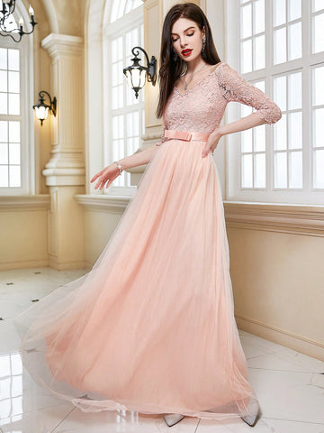 Contrast Lace Mesh Hem Formal Dress