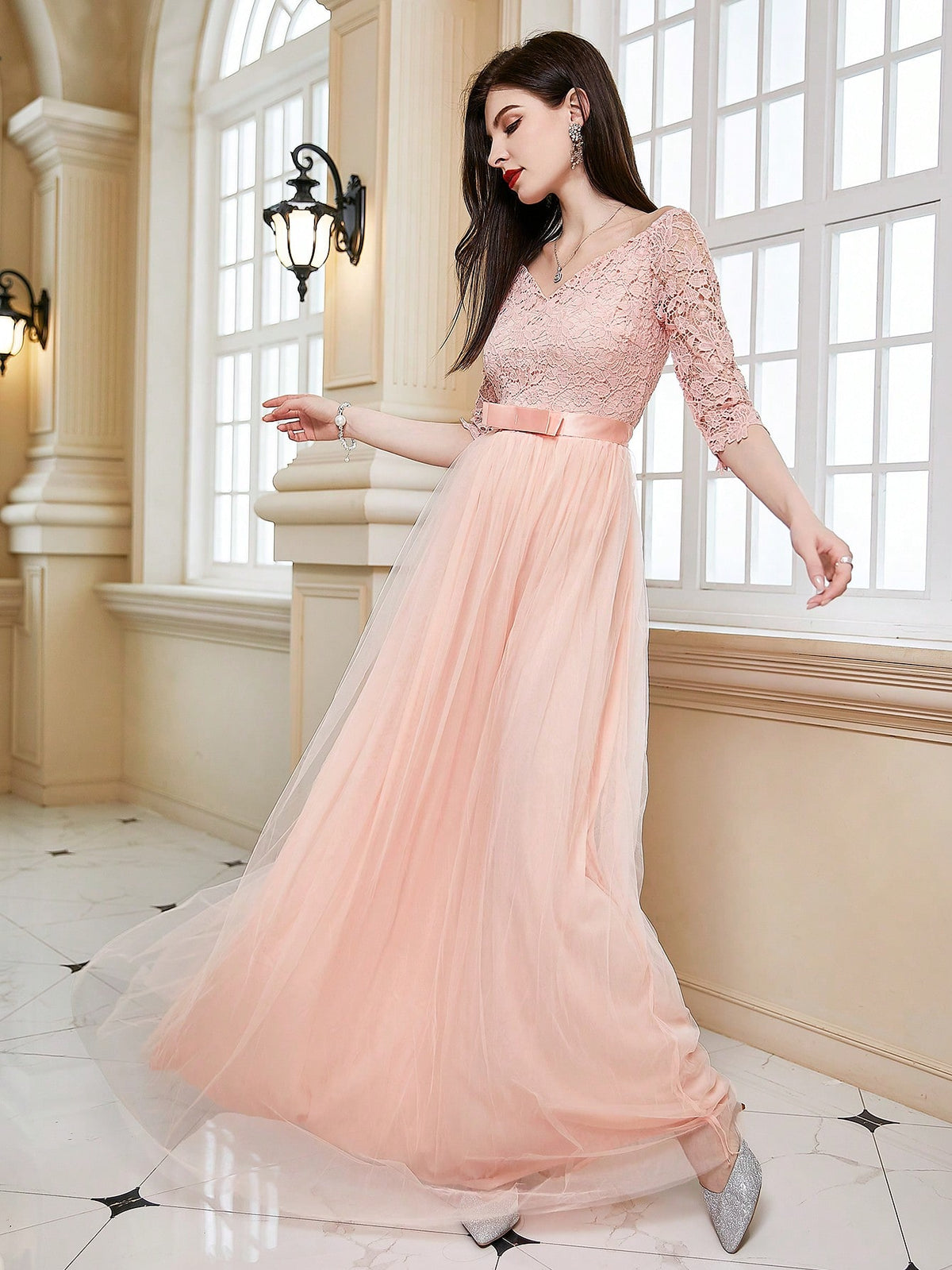 Contrast Lace Mesh Hem Formal Dress