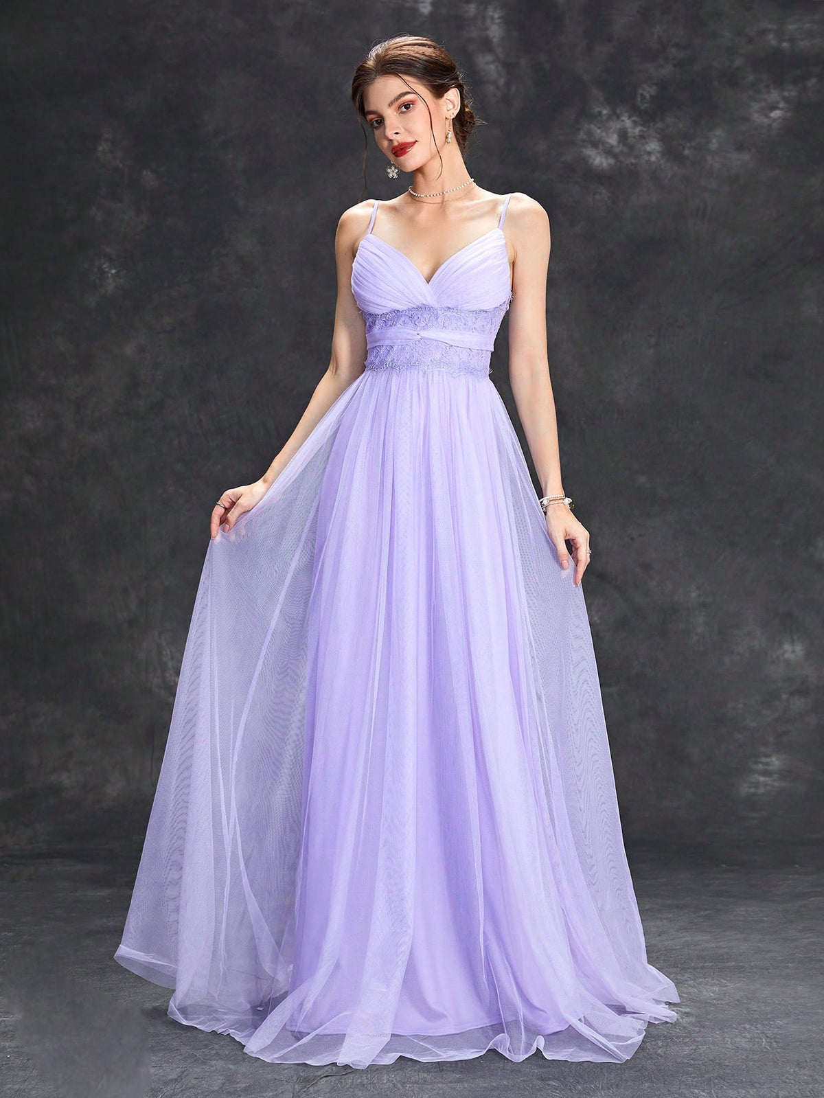 Contrast Lace Mesh Overlay Cami Bridesmaid Dress