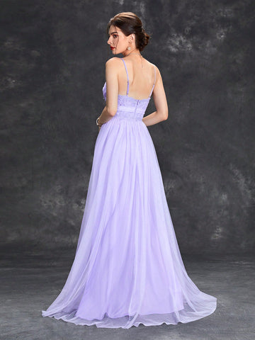 Contrast Lace Mesh Overlay Cami Bridesmaid Dress