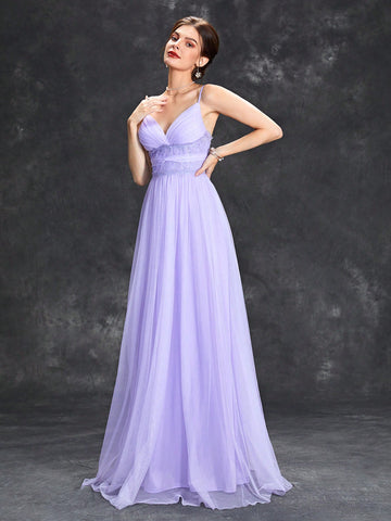 Contrast Lace Mesh Overlay Cami Bridesmaid Dress