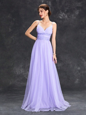 Contrast Lace Mesh Overlay Cami Bridesmaid Dress