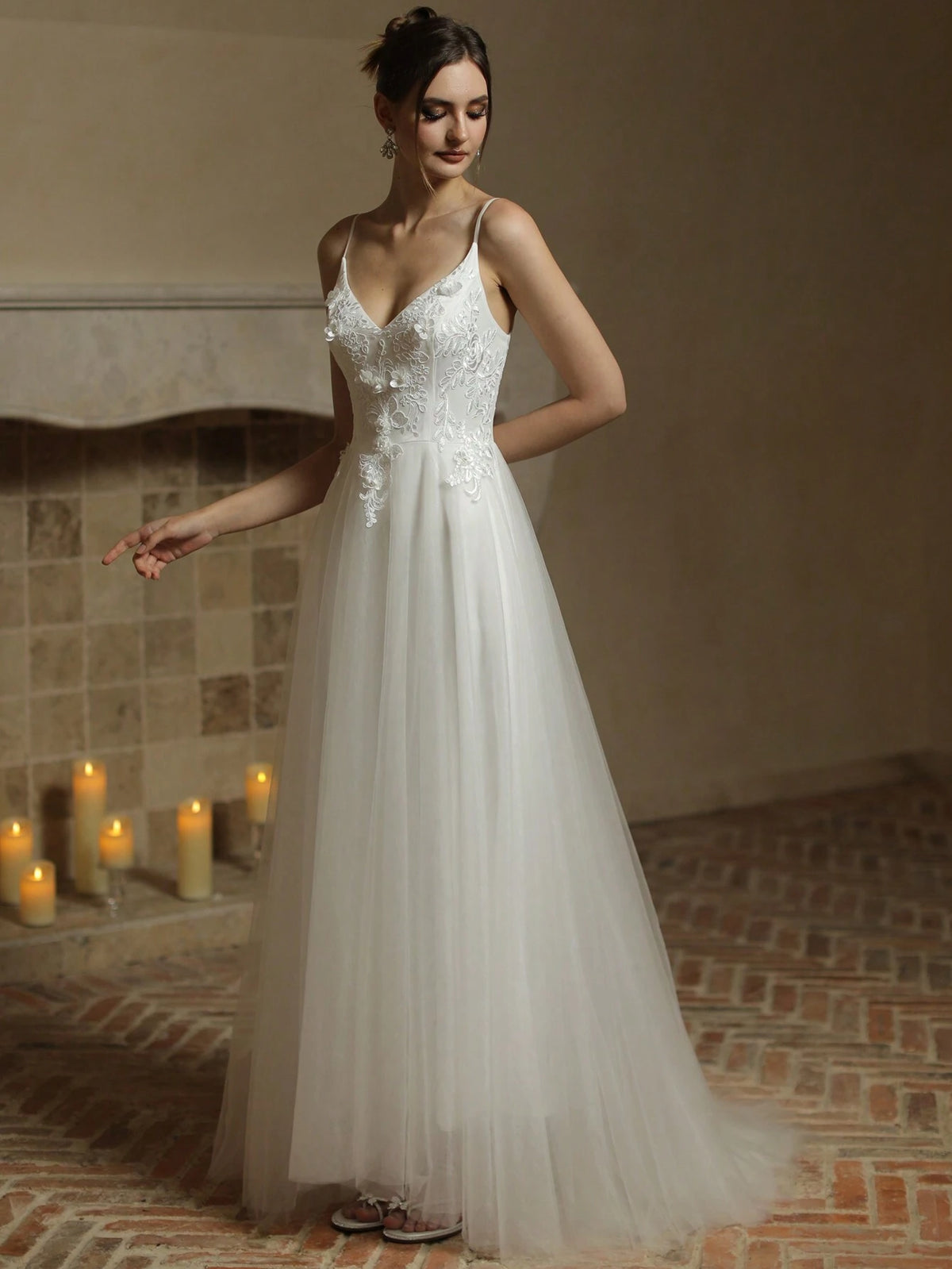 Contrast Lace Mesh Overlay Zipper Back Cami Wedding Dress