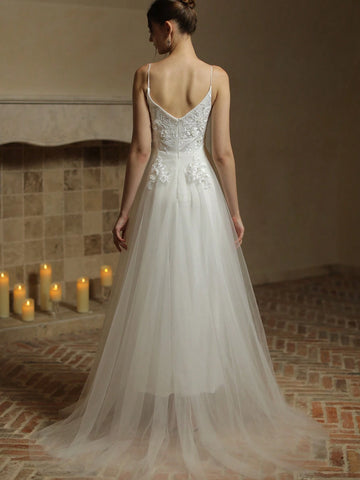 Contrast Lace Mesh Overlay Zipper Back Cami Wedding Dress